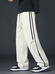 冬用 メンズ 厚手 フリース裏地 ジョガーパンツ 黒×白サイドストライプ ドローストリング付き スポーティーカジュアル ボトムス