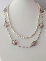 一点物【ピンクホワイト系2連ロングネックレス】