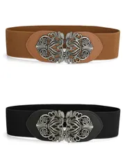 Allegra K ゴムベルト 伸縮性 ワイドウエストベルト メタルバックル レディース ブラック＆ブラウン