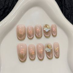 中長ハンドメイド付け爪  リュウシンバラ キャットアイ - 春のムードショートネイル