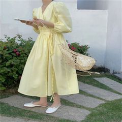 韓国カシュクールふんわりショルダーワンピース