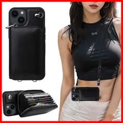 カード収納 大容量 長さ調整可能 肩掛け ショルダー付き 斜めかけ ケース アイフォン15 ケース ケース 背面収納 iphone15 ストラップ 財布型 手帳型 ストラップ付き ショルダー (黒 いphone15 15)