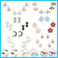 【数量限定】SUNNYCLUE　和風の恋　42個21種　和風　チャーム　桜　ねこ　鶴　チャーム　花　猫　パーツ　フラワー　折鶴　ピアス　扇子　うさぎ　イヤリング　折り鶴　月　ネックレス　花びら　扇　ブレスレット　円形　キーホルダー　メタルパーツ　エナメル　合金