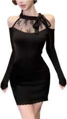 BEYANE キャバドレス ミニドレス レース 長袖 肩出し オフショル ワンピース ミニワンピ 半袖 クラブドレス ロングスリーブ パーティー(ブラック,  L)