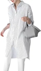 グリーンパキラ おしゃれ シャツワンピース 襟付 トップス 長袖 レディース 体型カバー チュニック きれいめ インナー 重ね着 着回し(ストライプ,  XL)