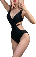 ISLAYCAOLILA モノキニ 水着 ワンピース ビキニ スイムドレス カシュクール vネック パッドあり ワイヤーなし レディース(ブラック,  XL)