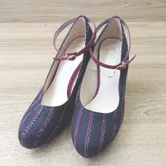 ◇ JELLY BEANS ジェリービーンズ ストライプ柄 綺麗め アンクルストラップ パンプス サイズ24.0 ネイビー系 レディース E  【1406180080808】