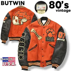 【希少】 80s ヴィンテージ USA製 バトウィン BUTWIN フルデコ スタジャン 切替 レザー 中綿 キルティング 42 オレンジ x ブラック メンズ