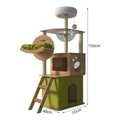 JPMG キャットタワー 猫タワー 登りやすい スリム ねこハウス 高さ150cm 天然麻紐 据え置き型 爪とぎポール 宇宙船 見晴台 多頭飼い 運動不足解消 お手入れ簡単 丸角設計 省スペース 木製 高い安定性Y21のサムネイル