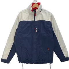 FILA フィラ ナイロンジャケット 中綿 ブルゾン アウター ドローコード フロントバックプリント刺繍 オーバーサイズ ビッグシルエット Sサイズ ホワイト ネイビー