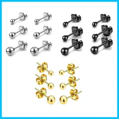 【特価商品】人気 丸玉(ボール)ピアス 金属アレルギー 両耳用 人気 サージカルステンレス シンプル アクセサリー 誕生日 レディース 記念日 プレゼント(3mm 4mm 5mm) ピアス シルバー&ブラック&ゴールド セット 9ペア