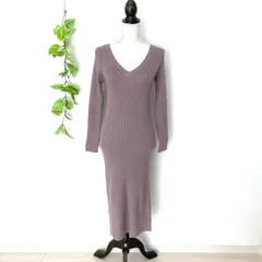 グレイル✨レディース♡ニットロングワンピース ベージュ リブ（M）Vネック 長袖