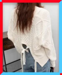 新品 ケーブル編みニットトップス レディース バックリボン 無地 大人 ざっくり 着やせ 春秋冬 【送料無料】