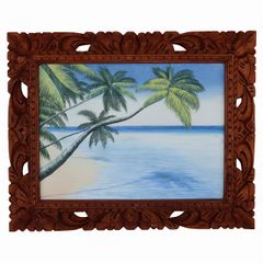 海と椰子の木 52X42 ハワイアン アジアン バリ絵画 アート ビーチリゾート インテリア ヤシの木の絵 砂浜 240502