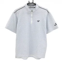 【美品】ツアーステージ 半袖ハイネックシャツ 白×ブルー ボーダー ハーフジップ メンズ M ゴルフウェア TOURSTAGE