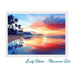 ハワイの海アート A4額付き｜ワイキキの海と夕空に染まる風景 No.15 Leaf Aloha