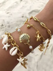 ジュエリー レディース ブレスレット セット ボヘミアン調 シェル、ヒトデ、模造真珠 装飾 マルチレイヤーブレスレットセット4個入り、女性のビーチホリデーウェア、夏のアクセサリーに適しています