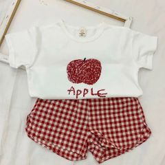 【人気】韓国風子供服　セットアップ　りんご　ギンガムチェック　　Tシャツ　トップス＋ズボン　女の子　男の子　海外　サイズ110
