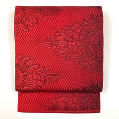 リユース帯 名古屋帯 赤 カジュアル 織り 菱取り華文 未洗い MS1487
