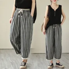 バルーンパンツ チェック レディース ワイドパンツ 綿麻混 コットン リネン パンツ 夏 ボトムス 大人カジュアル 春夏 ナチュラル 森ガール ズボン ウエストゴム 大きいサイズ ゆったり 体型カバー 柔らか オシャレ カジュアル ファッションnvrhua07