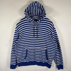古着 ポロ・ラルフローレン POLO RALPH LAUREN パーカー プルオーバー ワンポイントロゴ刺繍 ボーダー 大きいサイズ 2XB  ブルー メンズ