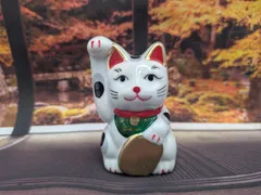 瀬戸焼　招き猫　ネイビー　ブチ　5号　2個セット　箱無し 招き猫 瀬戸焼 赤絵ブチ猫 中 左 赤 87323-579 陶器 オブジェ