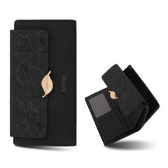 【在庫処分】PUレザー レディース財布 大容量RFID保護 ロング三つ折り (1599-black) [ArtsEye]