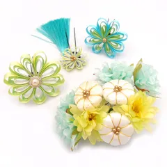 髪飾り ４点セット 京都 西陣 和小物 京あそび 黄緑 水色 成人式 花 和風 浴衣 着物 振袖 袴 七五三 子供 キッズ 結婚式お呼ばれ 卒業式 入学式 髪留め コーム ヘアアクセサリー 日本製 送料無料 W 75 CM-H-1045 u983　Si