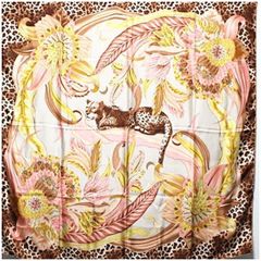 エルメスカレ45エデン ジャングルラブ豹柄鳥花柄蝶ピンクシルク