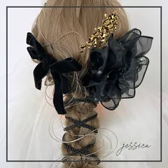 ヘッドドレス❤︎水引×パール付きオーガンジーブラック×ベロアリボン×紐アレンジ