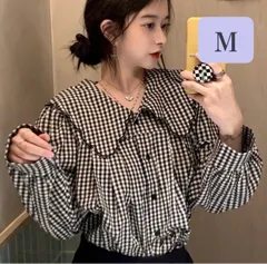 襟付きギンガムチェックブラウス　シャツ　大きい襟　花見　ブラック　スカラップ　春　カジュアル　パフスリーブ　デイリー　プチプラ　韓国　格子柄　M　ビックカラー　インポート　ペタルカラー　フロントボタン　レディース　おしゃれ　カワイイ　体型カバー　ボリューム袖