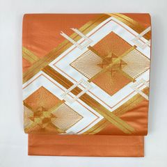 リユース帯 袋帯 シャーベットオレンジ フォーマル 金駒刺繍 四つ菱 未洗い MS1372