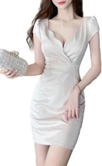 ISLAYCAOLILA キャバドレス ミニドレス カシュクール ワンピース Vネック タイト クラブ 一分袖 ノースリーブ ハイウエスト レディース E84( ベージュ,  L)