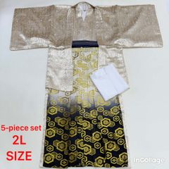 紋付袴 5点セット 着物 羽織 袴 長襦袢 角帯 裄73.6cm 袴丈91cm 2L シルバー 五つ紋 中古 4516