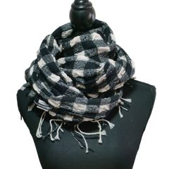 美品 ISSEY MIYAKE MEN イッセイミヤケメン チェック柄 しわ加工 フリンジ ロング ストール マフラー ブラック×ホワイト メンズ 古着 中古 USED