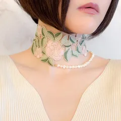 薔薇と真珠：くすみカラーのレースとパールのチョーカー　SV355