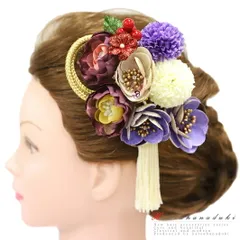 髪飾り 成人式 つまみ細工 赤 振袖 袴 花 2点セット 紫 薄紫 白 ゴールド ちりめん 組紐 房 ラメ キラキラ ラインストーン かん No.12-0008