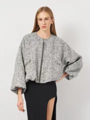 zara ZARA(ザラ) ツイード ノーカラー ブルゾン ジャケット クロップド L