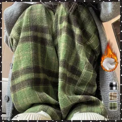 チェック柄パンツハイウエストワイドパンツ 裏起毛ノーマル2タイプ レトロロングパンツ レディース 韓国風暖かいパンツ 着やせストレートパンツ カジュアルパンツ厚手 裏起毛パンツ楽ちん 体型カバー長ズボン 美脚脚長 ボトムス