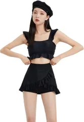 YOUHA 水着 レディース ビキニ ハイウエスト 体型カバー ビスチェ風 大きいサイズ 2点セット バスト盛れる フレア フリル かわいい( ブラック,  L)