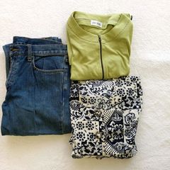 【コーデ売り】 ユニクロ　UNIQLO　ジャンノエル　JAN NOEL　サキゾウジャパン　SAKIZO JAPAN　チュニック　ワンピース　長袖シャツ　ジーンズ　ジーパン　黄緑　黒　白　青　ライトグリーン　ブラック　ホワイト　ブルー　良品　セット売り