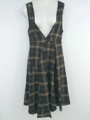 ◇ Delyle NOIR チェック Vカット 膝下丈 ジャンパースカート ワンピース サイズF ネイビー ブラウン系 レディース P  【1306120001217】