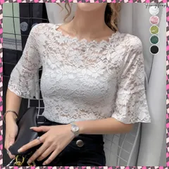 送料無料 総レース フレアスリーブブラウス 肌見せ エレガント 透け感 レーストップス レディース 大人可愛い 重ね着インナー ベルスリーブ 韓国 シアーブラウス きれいめ 五分袖ブラウス春夏 シースルーインナー 花柄レーストップス