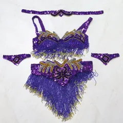 【ベリーダンス用 オリエンタル衣装】パープル スパンコールラメ×ビーズ 豪華 紫 ラメ ゴージャス 煌びやか 重量感 お洒落 黄色 シルバー ブラトップ ベルト アクセサリーセット