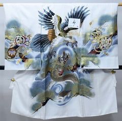 七五三 五歳 男児 羽織袴フルセット L寸 白地 宝船 袴変更可 NO38717 七五三 着物 男の子 5歳 羽織袴セット「白 三種の神器に鷹」フル