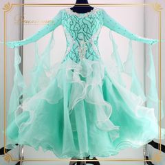 【美品 社交ダンス衣装】ブルー ワンピース ドレス フリル レース フロート ミント 緑 水色 白 ホワイト デモ 競技用 発表会 レディース 女性用 かわいい 綺麗 きれいめ エレガント ゴージャス 長袖 ダンス ダンスウェア パステル ロング スカート