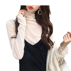[G-tiamo] [ジーティアモ] ハイネック シアー 無地 カットソー レディース トップス インナー シャツ シースルー レース 長袖 メッシュ 体型 カバー しわ 重ね着 ブラウス 透け 感 着回し 力 伸縮 軽量 [ホワイト] [Free Size]