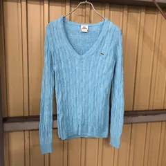 291 LACOSTE ケーブルニット レディース 36サイズ ライトブルー ラコステ ニット セーター Vネック 刺繍ロゴ 古着卸 アメリカ仕入