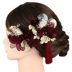 髪飾り 成人式 つまみ細工 臙脂 ワインレッド オフホワイト 振袖 前撮り 袴 花 房 玉飾り レース パールビーズ ナチュラル 2点 No.9-5470
