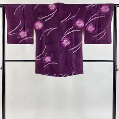 【美品】 道行 身丈82cm 裄丈62.5cm S 和装コート 角衿 草花 芝 絞り 紫 正絹 秀品 【中古】